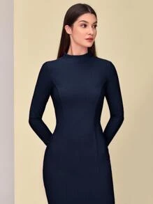 Mulvari Mock Neck Patch Detail Dress - Navy Blue - View 3
