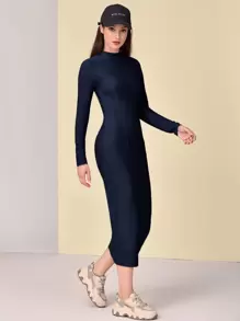 Mulvari Mock Neck Patch Detail Dress - Navy Blue - View 5