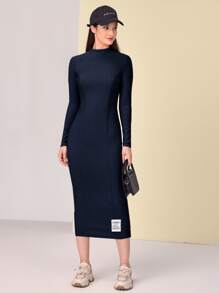 Mulvari Mock Neck Patch Detail Dress - Navy Blue - View 6