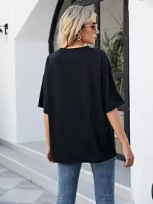 SHEIN LUNE Leopard & Letter Graphic Drop Shoulder Tee - Black - View 2