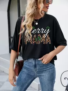 SHEIN LUNE Leopard & Letter Graphic Drop Shoulder Tee - Black - View 1