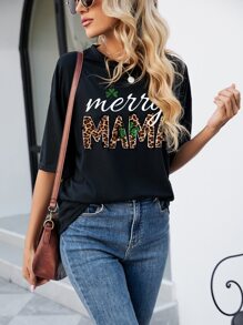 SHEIN LUNE Leopard & Letter Graphic Drop Shoulder Tee - Black - View 3