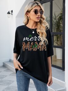 SHEIN LUNE Leopard & Letter Graphic Drop Shoulder Tee - Black - View 4