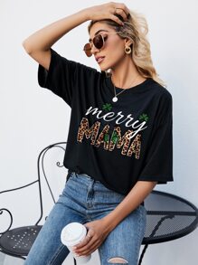 SHEIN LUNE Leopard & Letter Graphic Drop Shoulder Tee - Black - View 5
