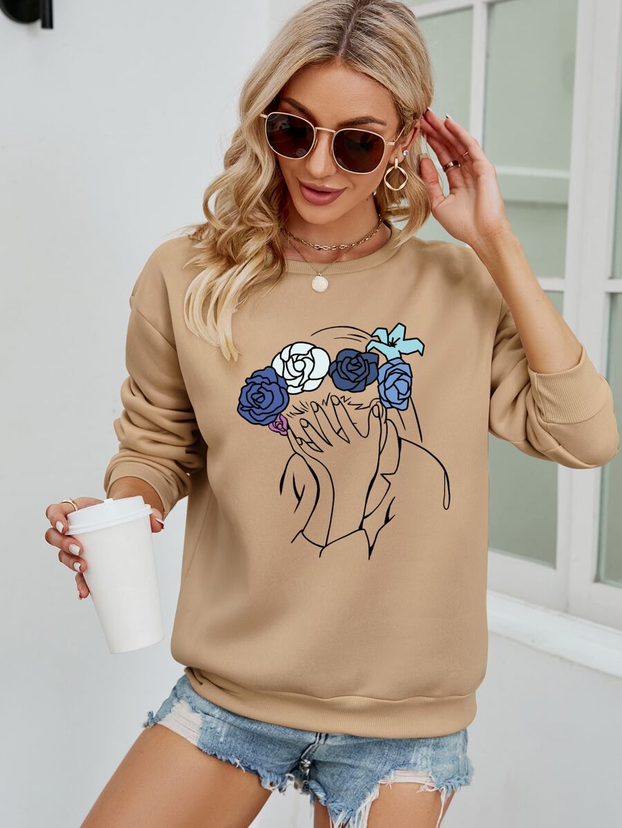 SHEIN Essnce Floral & Figure Graphic Thermal Lined Pullover - Khaki - View 1