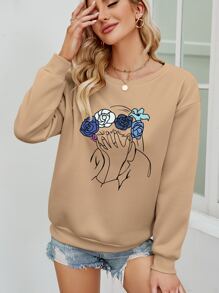 SHEIN Essnce Floral & Figure Graphic Thermal Lined Pullover - Khaki - View 3