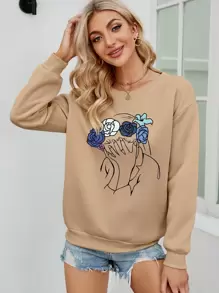 SHEIN Essnce Floral & Figure Graphic Thermal Lined Pullover - Khaki - View 4