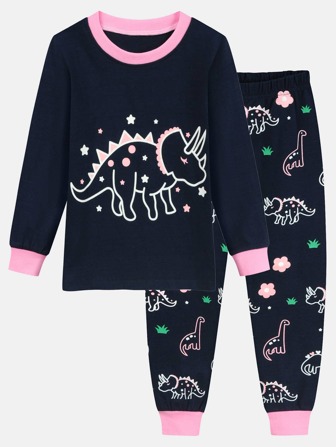 Chicas Conjunto de pijama con estampado de dinosaurio ribete en contraste ajustado