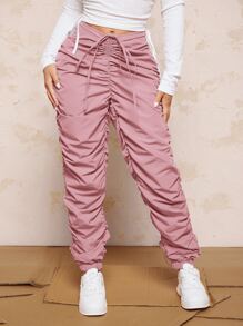 SHEIN SXY Quần nữ Xù Thắt nơ trước màu trơn Giải trí - Bụi hồng - Xem 1