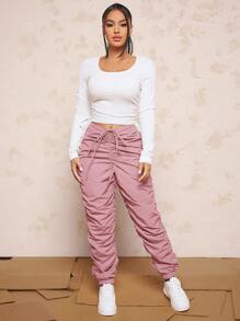 SHEIN SXY Quần nữ Xù Thắt nơ trước màu trơn Giải trí - Bụi hồng - Xem 3