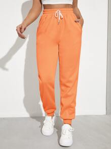 SHEIN EZwear Solid Drawstring Waist Slant Pocket Joggers - Orange - View 1