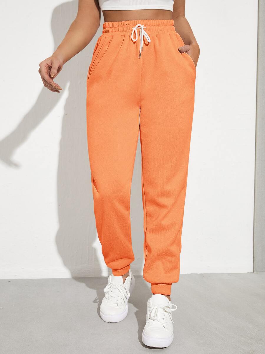 SHEIN EZwear Solid Drawstring Waist Slant Pocket Joggers - Orange - View 1