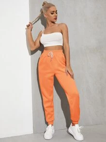 SHEIN EZwear Solid Drawstring Waist Slant Pocket Joggers - Orange - View 3