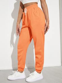 SHEIN EZwear Solid Drawstring Waist Slant Pocket Joggers - Orange - View 4