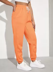 SHEIN EZwear Solid Drawstring Waist Slant Pocket Joggers - Orange - View 5