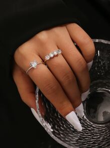 2pcs Cubic Zirconia Heart Decor Ring Valentines,Mom,Mother,Mother's Day,Gift - Silver - View 1