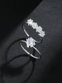 2pcs Cubic Zirconia Heart Decor Ring Valentines,Mom,Mother,Mother's Day,Gift - Silver - View 2