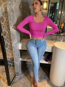 SHEIN Essnce 大圓領短款T恤 - 玫紅色 - 查看 3