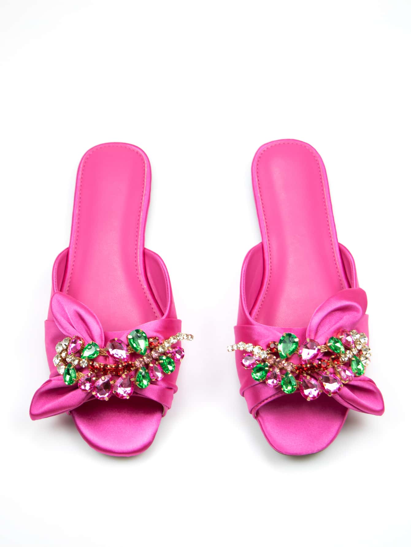 Glamorous Outdoors Flat Slippers For Women, Rhinestone & Bow Decor Satin Open Toe Hot Pink Slide Sandals Valentines - Hot Pink - View 1