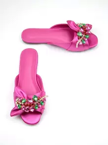 Glamorous Outdoors Flat Slippers For Women, Rhinestone & Bow Decor Satin Open Toe Hot Pink Slide Sandals Valentines - Hot Pink - View 3