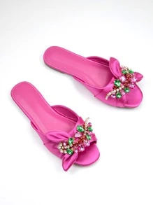 Glamorous Outdoors Flat Slippers For Women, Rhinestone & Bow Decor Satin Open Toe Hot Pink Slide Sandals Valentines - Hot Pink - View 4