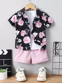 SHEIN 男小童花有圖案度假風格翻領常規袖2入組/套適合夏天