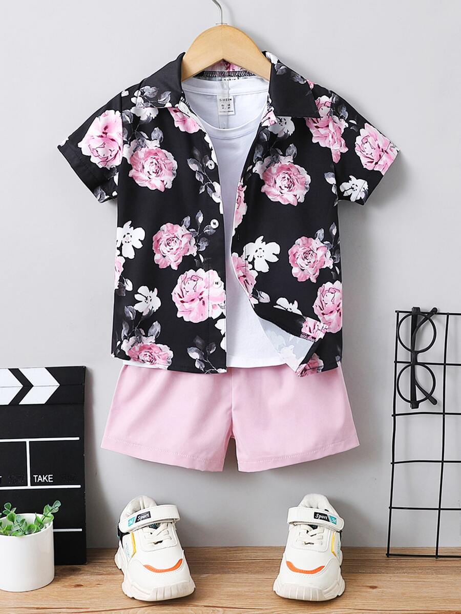 SHEIN 男小童花有圖案度假風格翻領常規袖2入組/套適合夏天