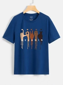 SHEIN EZwear Camiseta con estampado de mano y letra - Azul - Ver 1