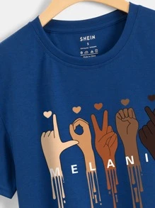 SHEIN EZwear Camiseta con estampado de mano y letra - Azul - Ver 5