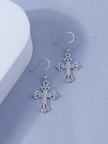 Bông tai thả chữ thập rhinestone - Bạc - Xem 1