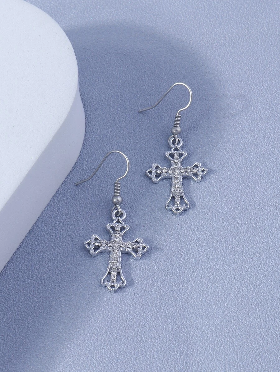 Bông tai thả chữ thập rhinestone - Bạc - Xem 1