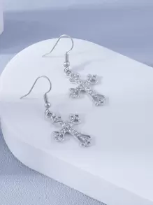 Bông tai thả chữ thập rhinestone - Bạc - Xem 4