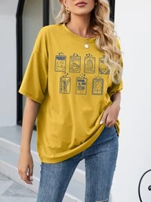 SHEIN LUNE Cartoon And Letter Graphic Drop Shoulder Tee - Yellow - View 1
