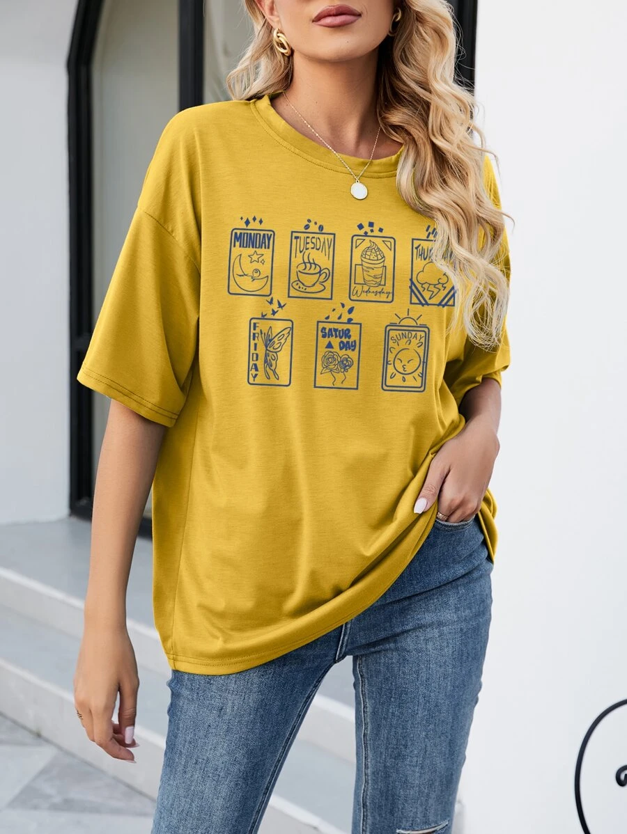 SHEIN LUNE Cartoon And Letter Graphic Drop Shoulder Tee - Yellow - View 1