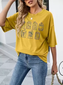 SHEIN LUNE Cartoon And Letter Graphic Drop Shoulder Tee - Yellow - View 4