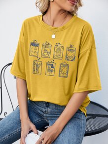 SHEIN LUNE Cartoon And Letter Graphic Drop Shoulder Tee - Yellow - View 5
