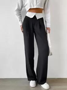 Muchica Quần tây Gấp lại Eo Xếp nếp - màu đen - Xem 3