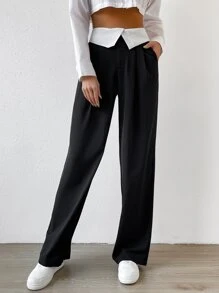 Muchica Quần tây Gấp lại Eo Xếp nếp - màu đen - Xem 5