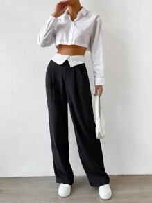 Muchica Quần tây Gấp lại Eo Xếp nếp - màu đen - Xem 6