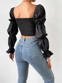 SHEIN Privé Square Neck Flounce Sleeve Crop Blouse - Black - View 2