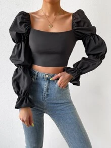 SHEIN Privé Square Neck Flounce Sleeve Crop Blouse - Black - View 1