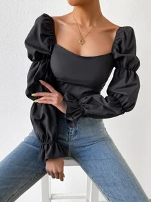SHEIN Privé Square Neck Flounce Sleeve Crop Blouse - Black - View 6