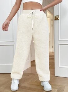 SHEIN EZwear Drawstring Waist Teddy Trousers - Beige - View 1