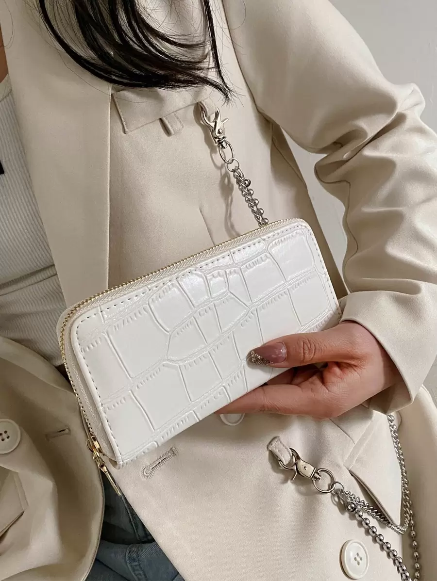 Funda para chequera con relieve de cocodrilo, delgada, portátil, para empleados administrativos, ideal para mujeres, estudiantes, estudiantes universitarios, viajes de negocios, oficina, aniversarios, parejas, cumpleaños, San Valentín, billetera, billetera larga, útiles escolares. - Blanco - Ver 1