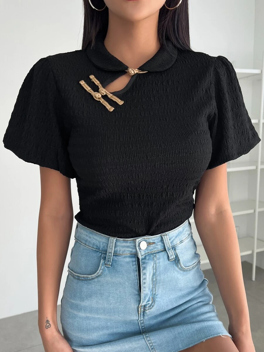 DAZY Mandarin Collar Puff Sleeve Tee - Black - View 1