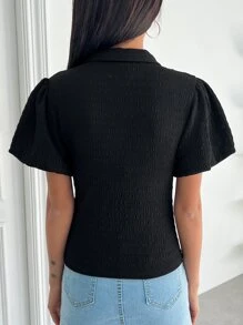 DAZY Mandarin Collar Puff Sleeve Tee - Black - View 2