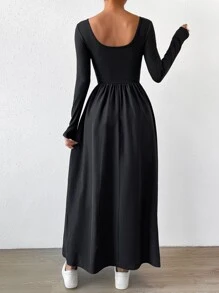 SHEIN Privé Solid Scoop Neck Dress - Black - View 2