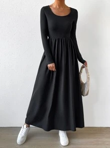 SHEIN Privé Solid Scoop Neck Dress - Black - View 1