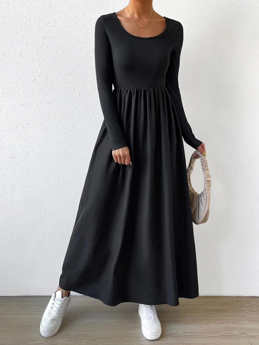 SHEIN Privé Solid Scoop Neck Dress - Black - View 1