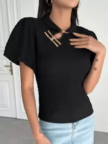 DAZY Mandarin Collar Puff Sleeve Tee - Black - View 6